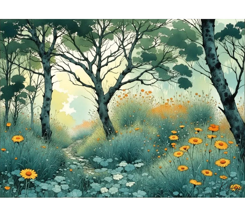 Golden Bloom Forest Path - Art mural sur toile tendue, H 12 pi x l 16 pi