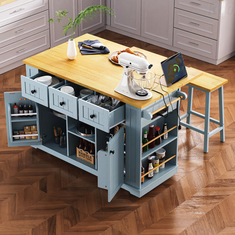 53Inch Large Kitchen Island With Drop Leaf,Power Outlet,Door Internal Storage Rack,Rolling Kitchen Cart On 5 Wheels With 5 Open Side Racks For Kitchen(Two Packages)(Stools Not Included)