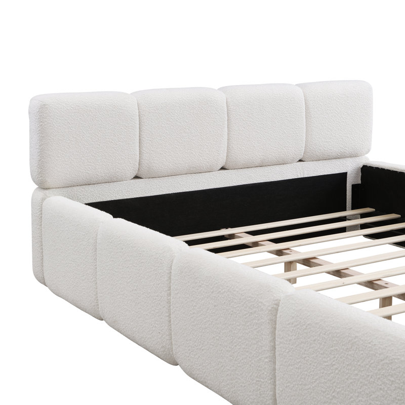 Lit plateforme, tête de lit et pied de lit épais Boucle, lits rembourrés au sol, style bloc, Blanc, Grand lit
