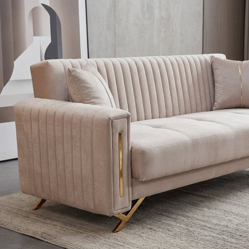 Canapé convertible moderne en velours avec pieds dorés, Beige
