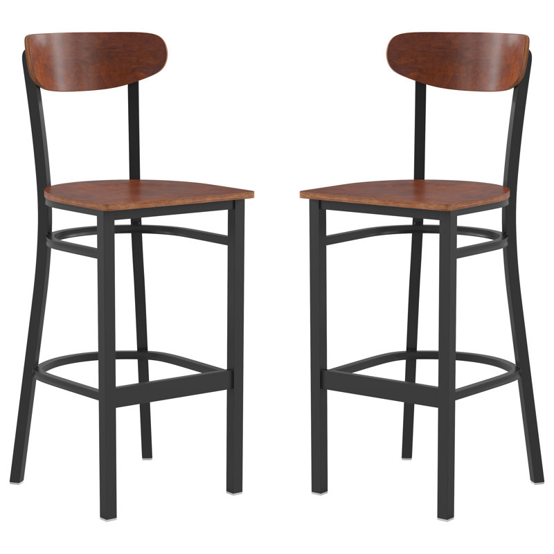 Commercial Metal Barstool with Wood Seat and Boomerang Back, Walnut