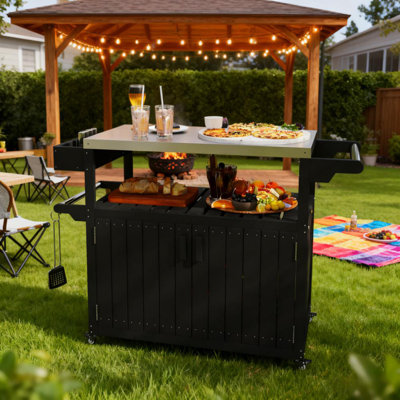 Outdoor Bar Table Top,Outdoor Bar Cart With Storage,Wheeled Kitchen Island For Food Prep, Kitchen Island