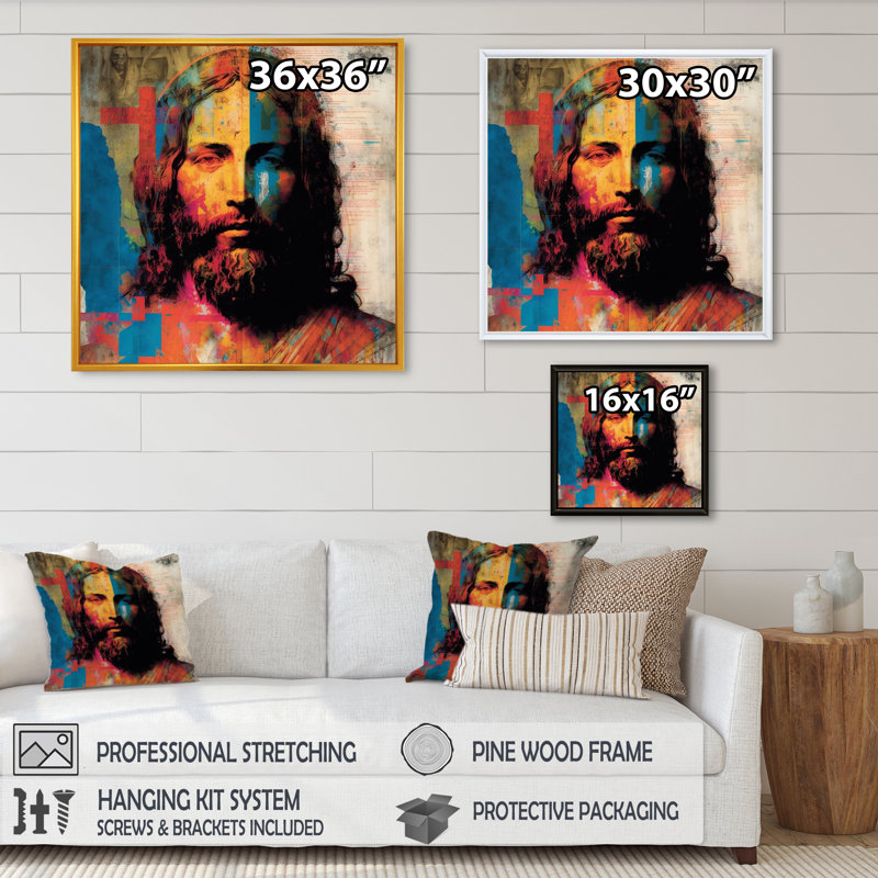 Pop Art Portrait de Jésus III, H 16 po x l 16 po x P 1 po, Toile avec cadre flottant noir