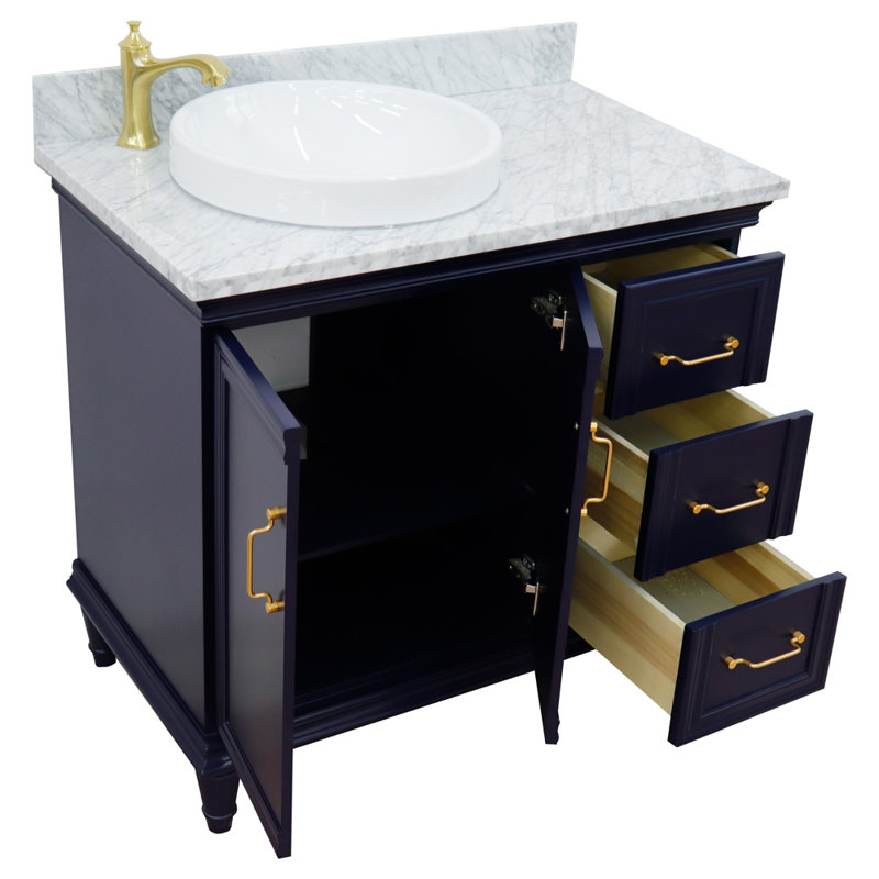 Ensemble de meuble-lavabo simple 37 po Leytonstone, Bleu, Marbre de Carrare blanc
