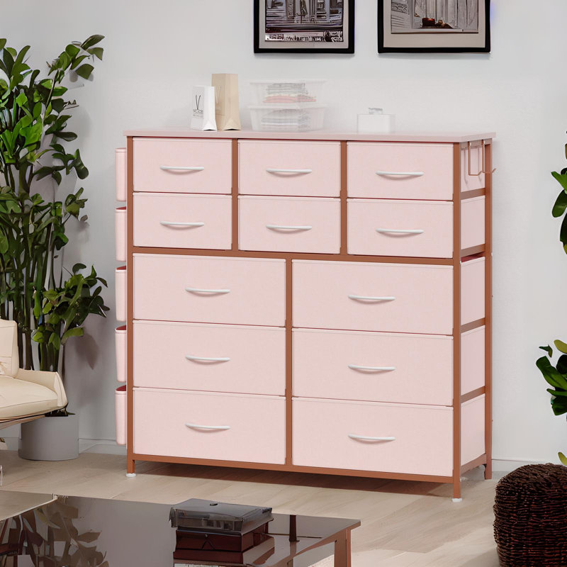 Commode pour chambre à coucher, commode de rangement haute avec 12 tiroirs en tissu et poches latérales, commode de tiroirs