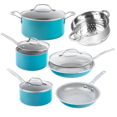 Gotham Steel Aqua Blue Nonstick Ceramic 5 Piece Cookware Set with Ceramic  Coating, Stainless Steel Stay Cool Handles, Oven & Dishwasher Safe to 500°