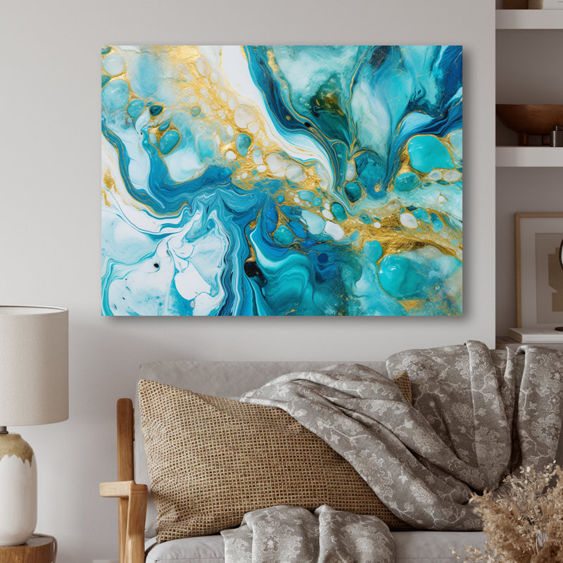 Turquoise luxueux, art abstrait fluide, reproduction de fractales sur métal, H 12 po x l 20 po