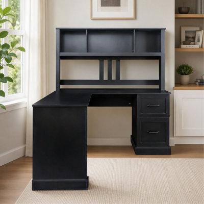 Home Office Computer Desk with Hutch, Antiqued Black Finish, Compact Writing Table