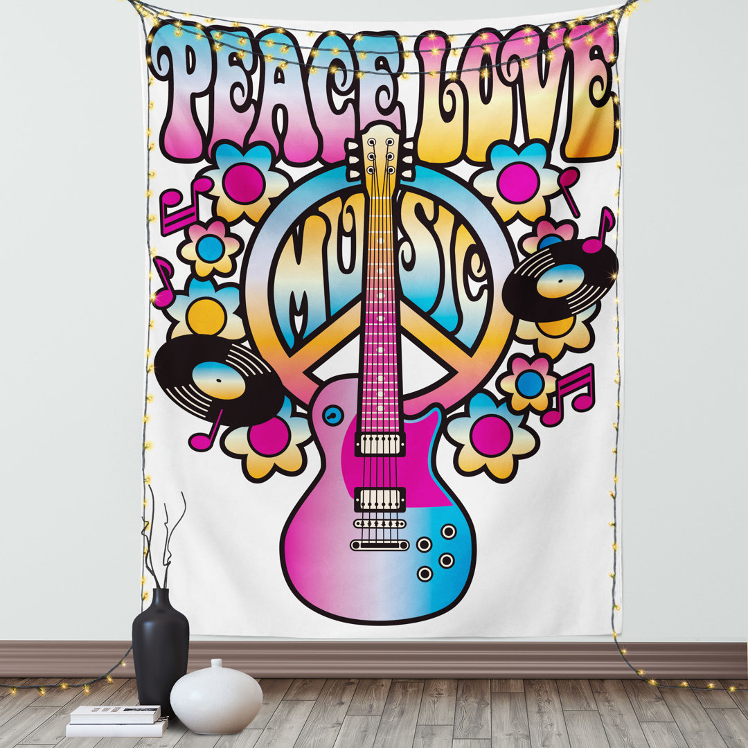 Wandbehang Frieden Liebe Musik Text Gitarre Schallplatten Blumen Musiknoten Illustration