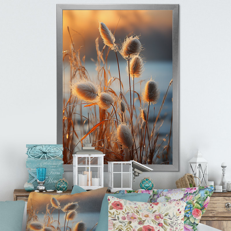 «Beachgrass Sunset Nature Herbs I», reproduction d'art sur toile, Cadre simple argenté, H 20 po x l 12 po x P 1 po