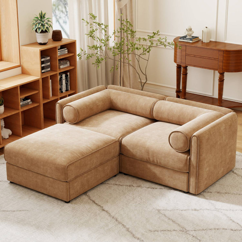 Upholstered Loveseat Sofa With Ottoman, 27.9" H x 75.5" W x 37.4"D, Camel Chenille