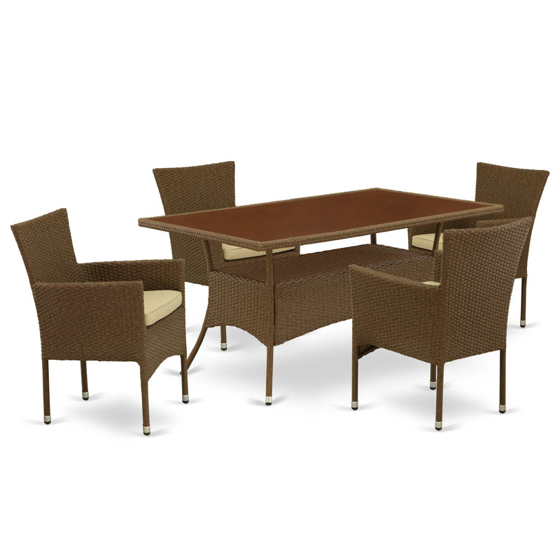 5 Piece Wicker Patio Furniture Set Includes a Rectangle Outdoor Table with Glass Top and 4 Balcony Backyard Armchair with Cushion, Brown