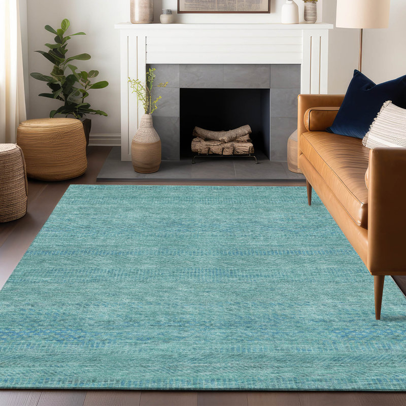 Aqua and White Striped Washable Synthetic 3' x 5' Rug