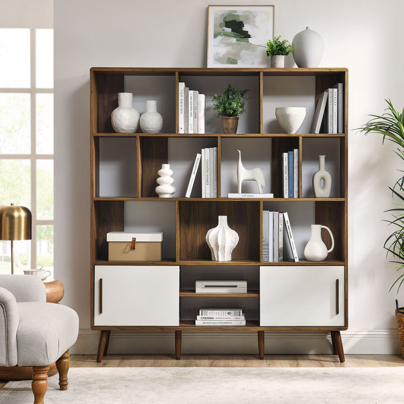 Transmit 59" Bookcase With Sliding Doors In Walnut, Walnut-Linen