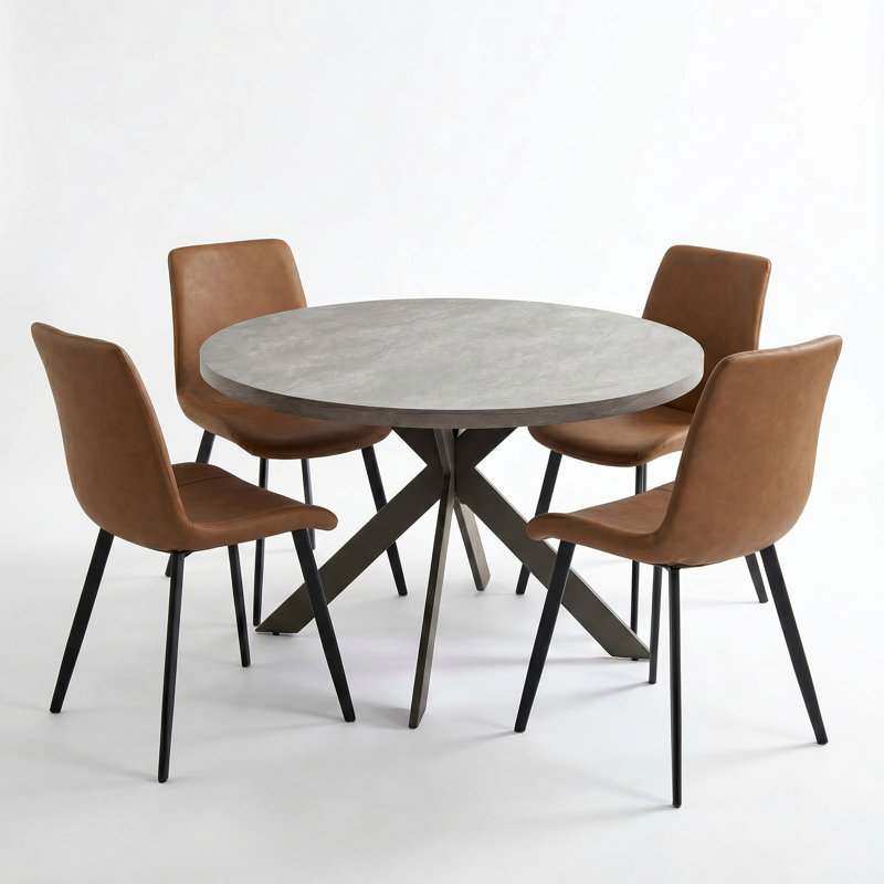 46"L Round Modern Kitchen Dining Table Set with 32.4"H Dining Chair, Brown, 5 Pieces: Table, 4 Chairs