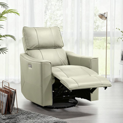 Inniss 31.7" Wide Genuine Leather Modern Power Recliner with Swivel, Glider and USB Port