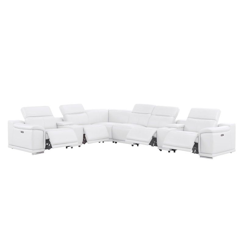 8-Piece L-Shaped Power Reclining Sectional In Genuine Leather – 4 Recliners, White Top Grain Leather