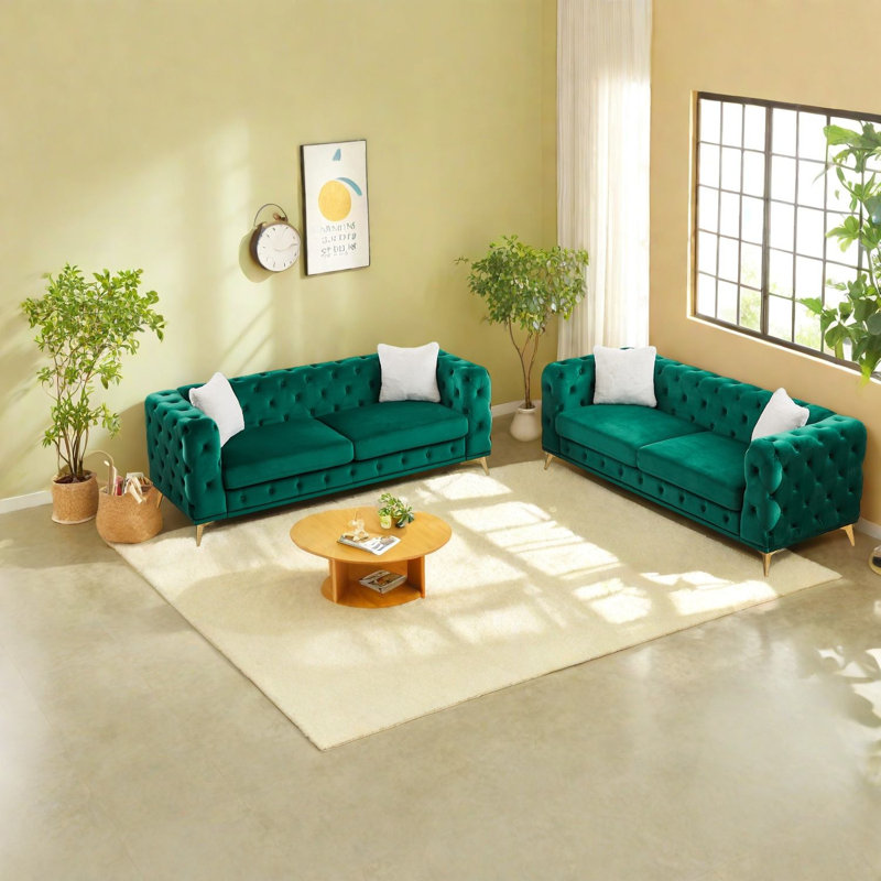 Compression Sofas Set, Green Velvet Wood Frame Modern Living Room