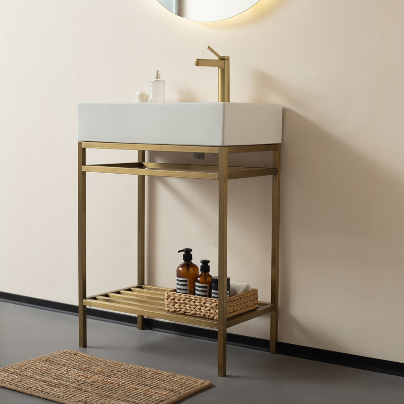 Lofi 24" Bathroom Vanity With Ceramic Basin, Freestanding Bathroom Console Sink Set,  Rectangular Ceramic Basin Without Faucet, Open Stainless Steel Legs, Storage Shelves,