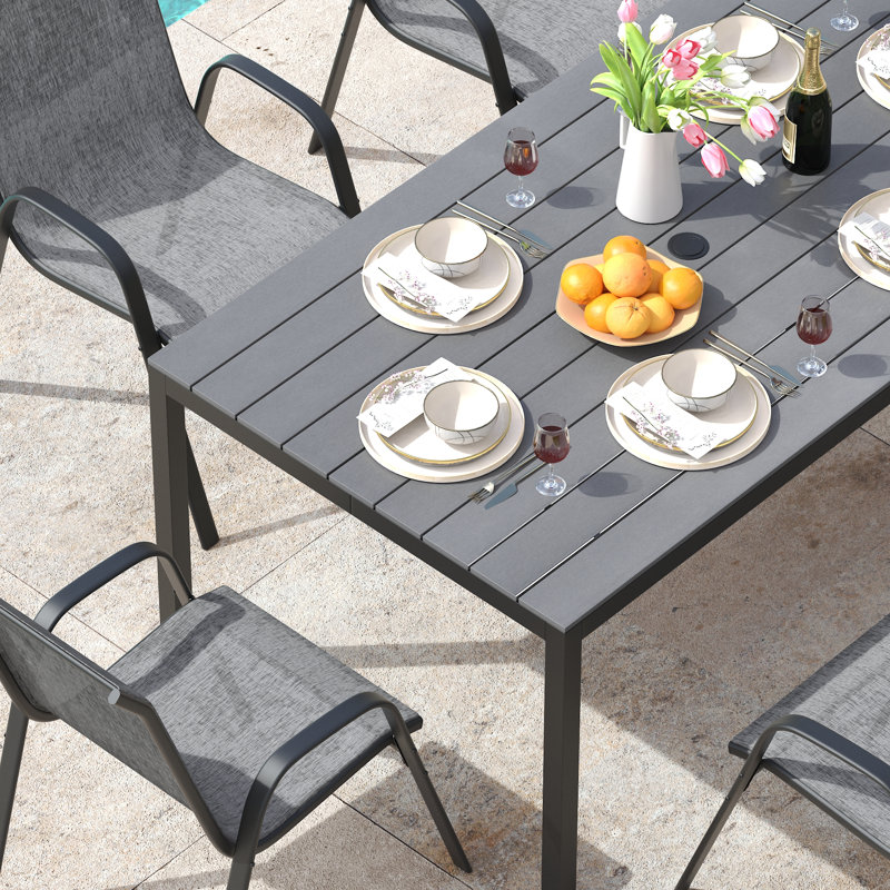 Ballynure Rectangular Patio Dining Set with Faux Wood Dining Table and 6 Stackable Textilene Chairs, Gray/Gray