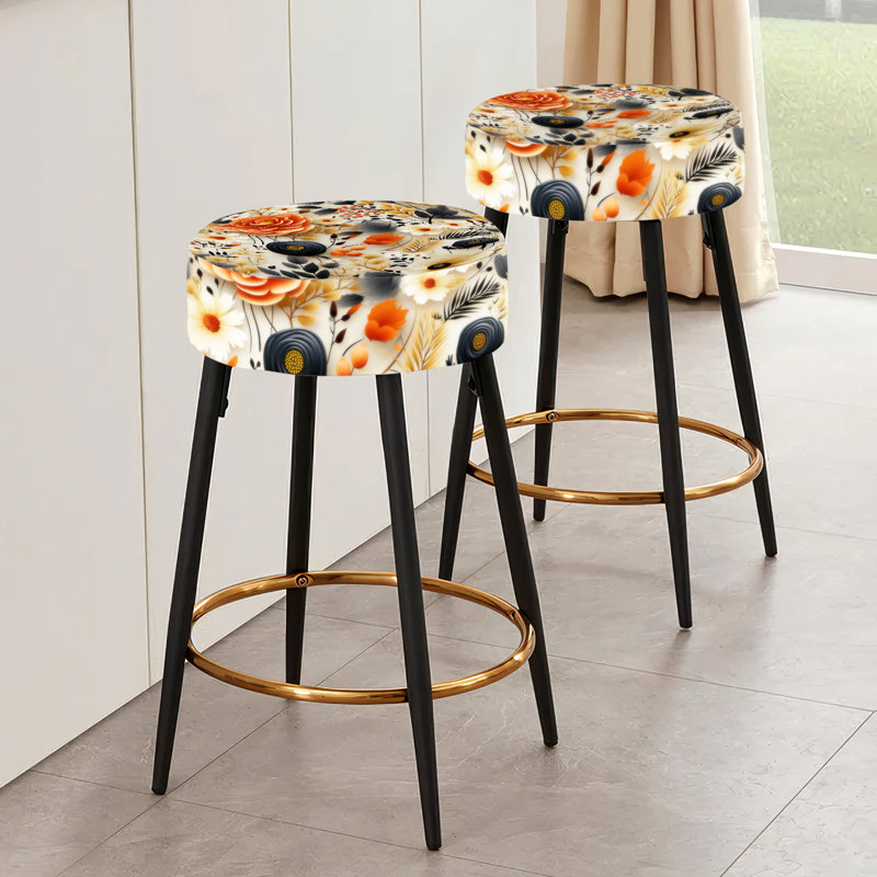 Ensemble de 2 tabourets à imprimé animal, Motif floral bohème noir et beige chic