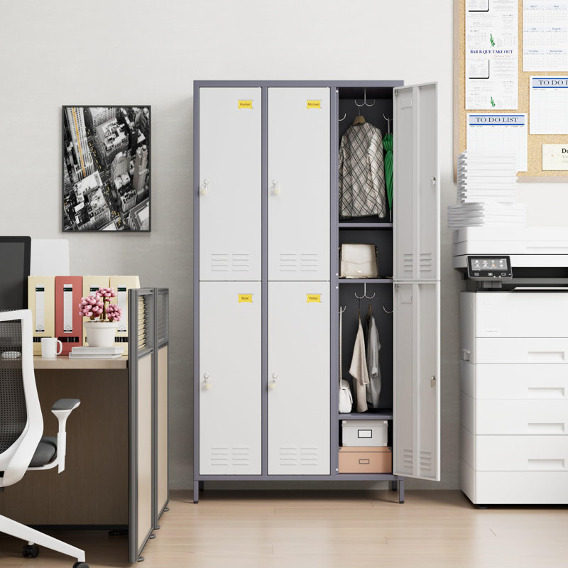 Upgraded Metal Lockers, Designed Specifically For Employee Use. Six-door Metal Lockers With Locks And Name Card Slots. Industrial-grade Lockers With 18 Hooks. Suitable For Offices, Gyms, And Other Similar Locations. Self-assembly Required. Grayish-white.