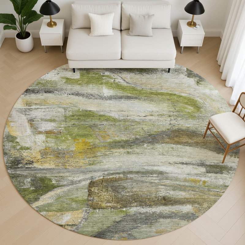 Premium Machine Washable Mayfield AMF2039 Abstract Rug, Olive, 8' Round