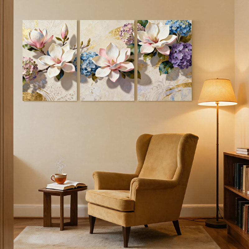 Plantes et fleurs, magnolia et hortensia, ensemble de 3 impressions sur toile, H 18 po x l 36 po