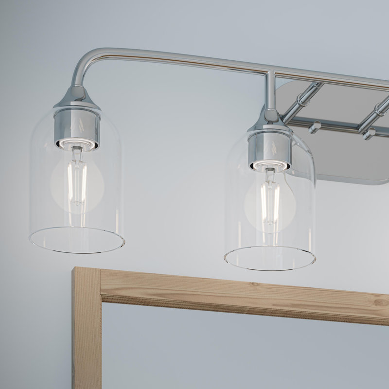 Ensemble de meuble-lavabo 4 lumières en chrome poli avec abat-jour en verre transparent Ilia, Chrome poli, 4