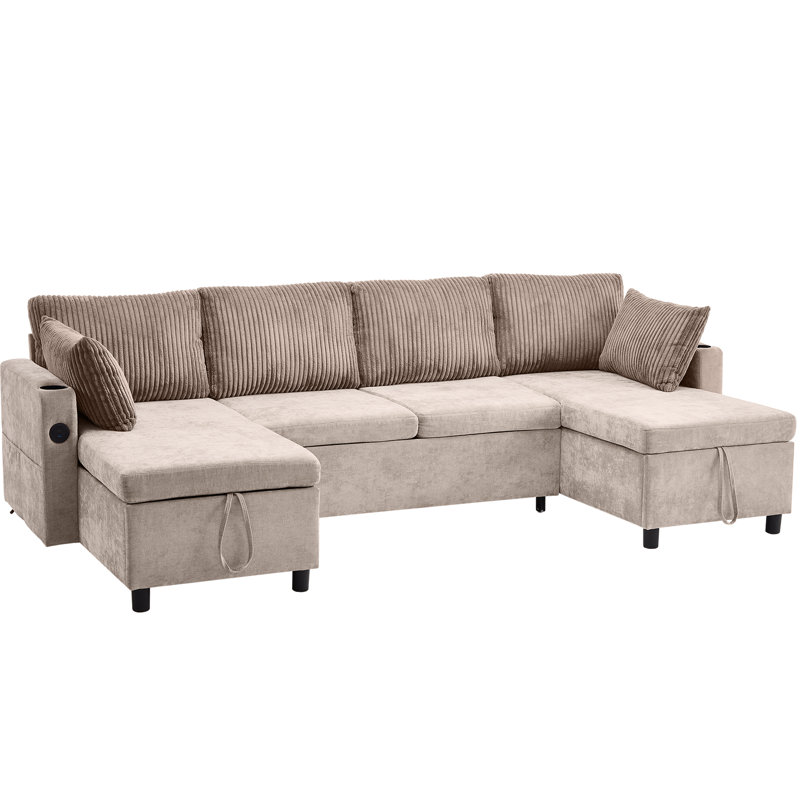 Canapé-lit en chenille de 113,4 po avec grand espace de rangement, deux ports USB et deux porte-gobelets, Brun