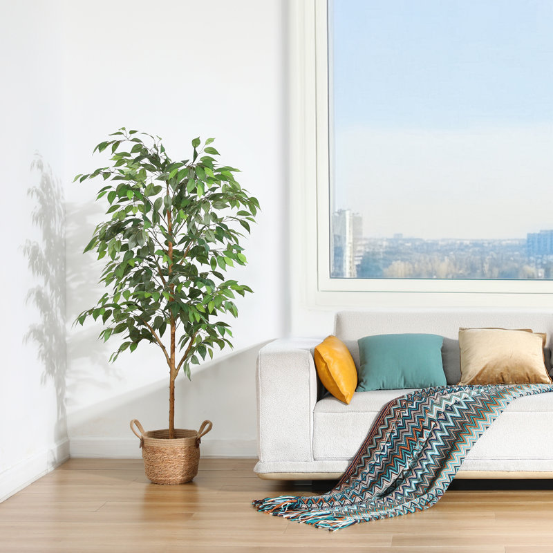 Adcock Artificial Ficus Tree in Pot with Realistic Leaves and Natural Trunk, 59" H x 15" W x 15" D