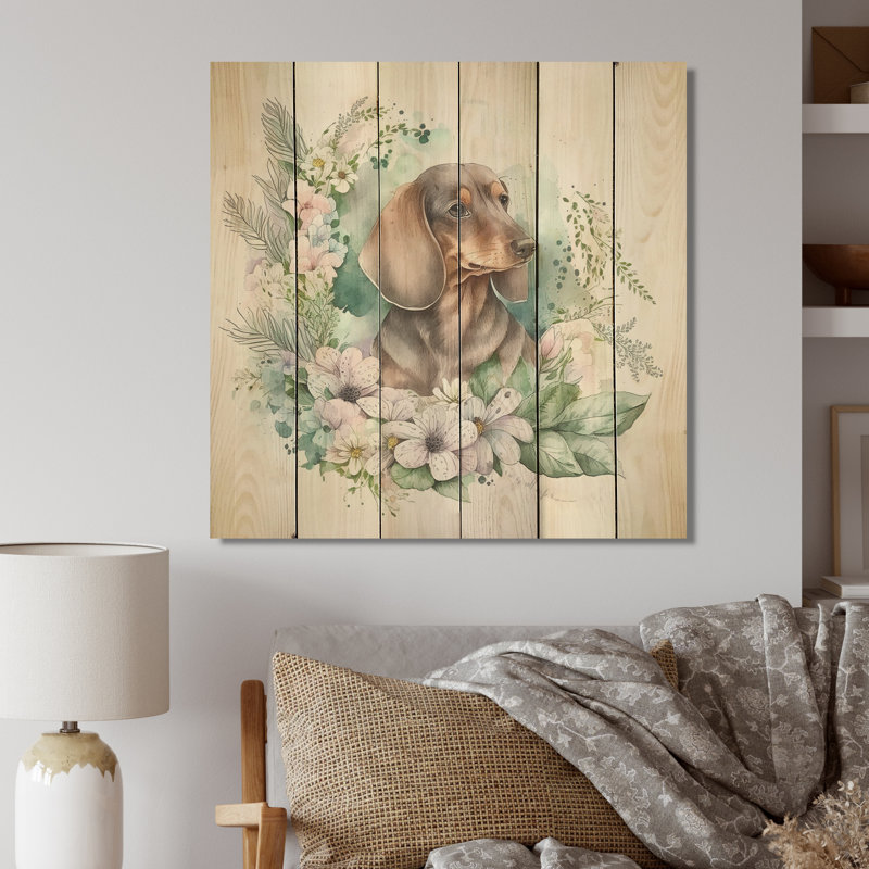 Adorable teckel aquarelle avec fleurs III - impression sur bois, L 16 po x H 16 po x P 1 po