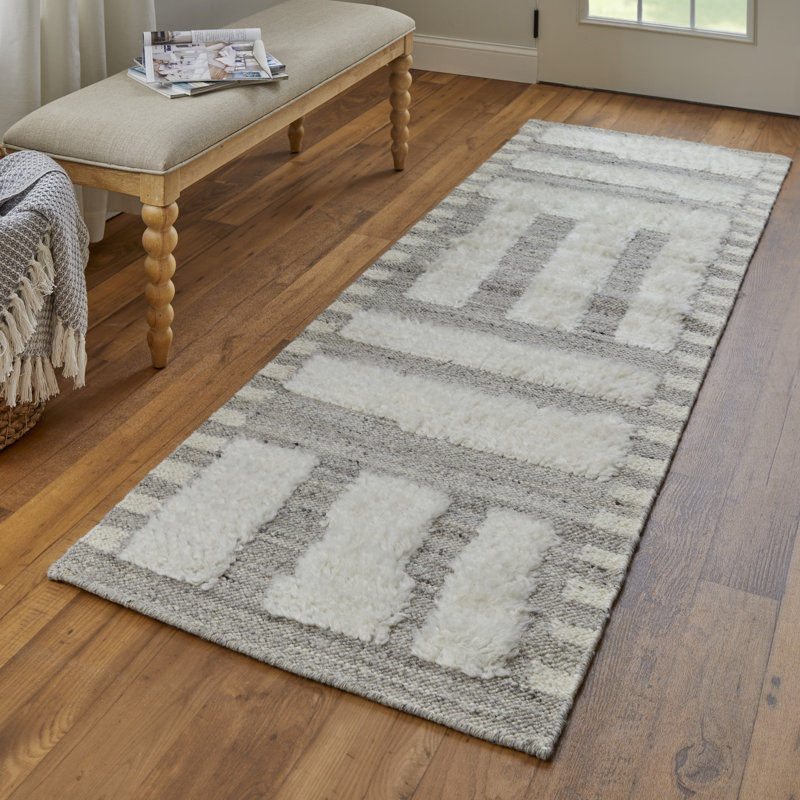 Tapis gris en laine tissé à la main Jalaycia, Tapis de couloir 2 pi 6 po x 10 pi