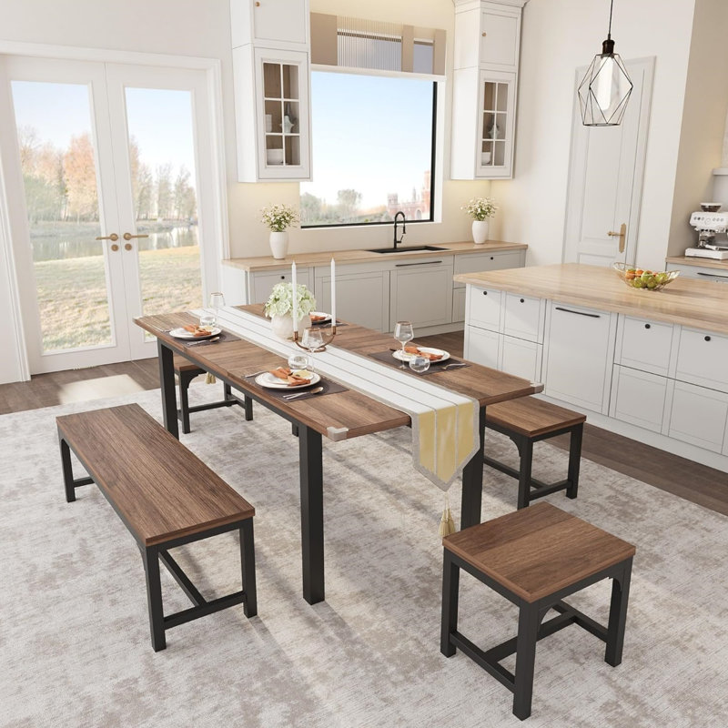  5-pcs(2 Benches & 2 Stools),dining Table Set For 6-8 With Benches And Stools