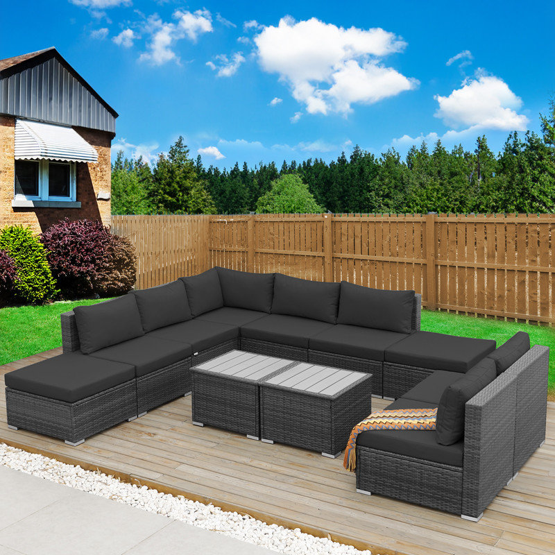 Ensemble 11 pièces de canapé de patio en rotin avec coussins et tables basses, Gris foncé