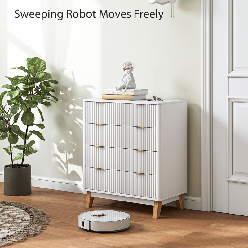 Fluted Dresser for Bedroom with 4 Drawers, 28" Wide Chest of Drawers with Gold Finger Pulls and 4 Wood Legs, White