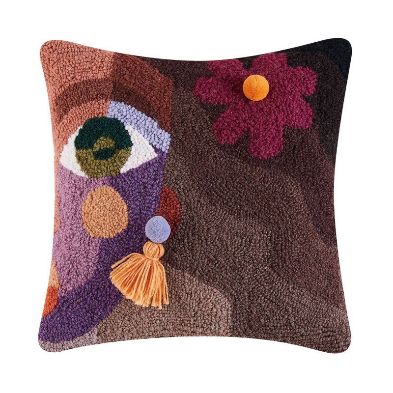 Coussin en laine avec pompon Ella, Brun / Mauve / Or