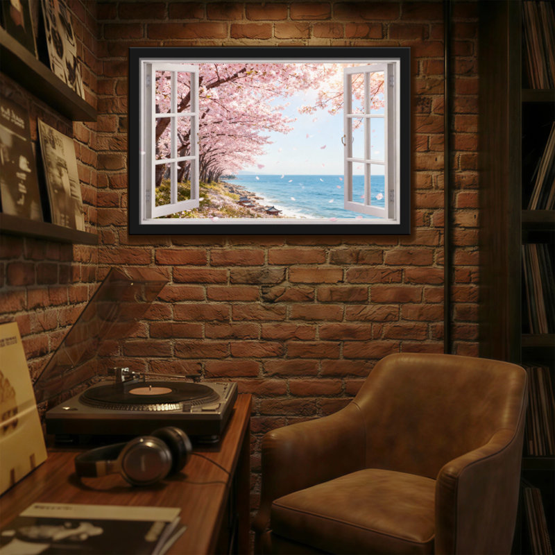 Cadre de fenêtre paysage et nature Cherry Blossom Beach View, H 12 po x l 18 po