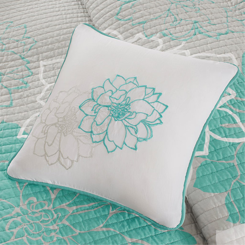 Ensemble de courtepointe en coton 6 pièces avec coussins 6 pièces Aqua, Motif floral vert