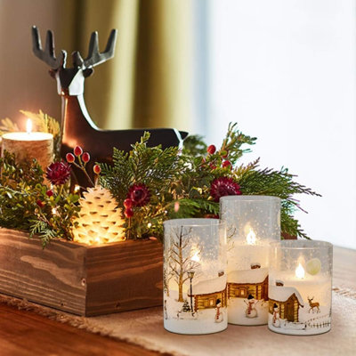 White Christmas Glass Flickering Flameless Candles Battery Operated With 10-Key Remote And Timer Set Of 3 Real Wax Holiday LED Window Pillar Candles(Snowman Decal, 3 X 4, 5, 6 Inches)