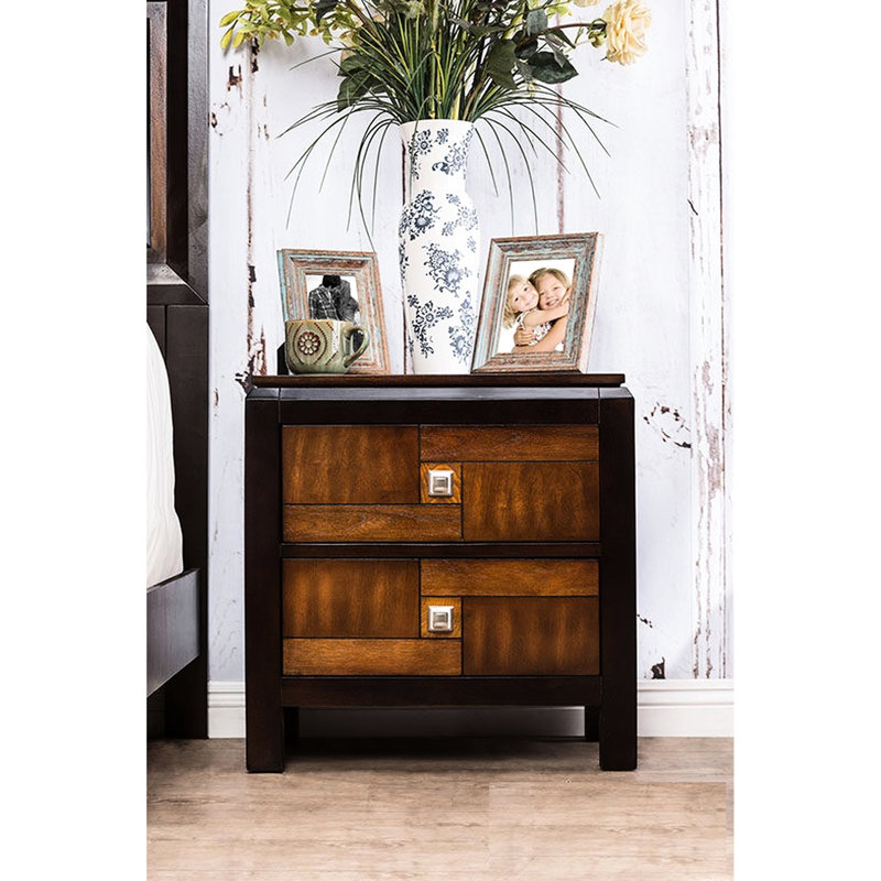 Table de chevet multicolore en bois massif avec carré et 2 tiroirs pour la décoration de chambre à coucher à 2 finitions