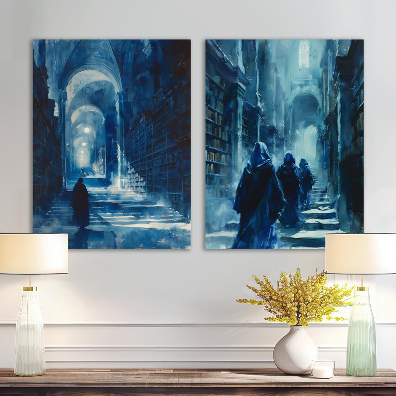 Blue Wizards Library Keepers I - Wizard 2, impressions sur métal surdimensionnées, 32" H x 48" W