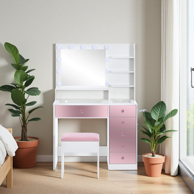 Bureau de coiffeuse avec plateau en verre et 9 ampoules Hollywood, 3 modes d'éclairage couleur, coiffeuse de maquillage avec tiroirs et tablettes, coiffeuse avec tabouret pour la chambre