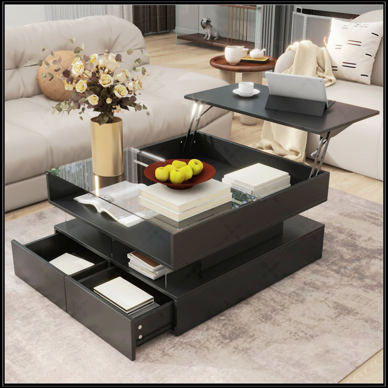 Table basse à plateau relevable avec 2 tiroirs, Noir