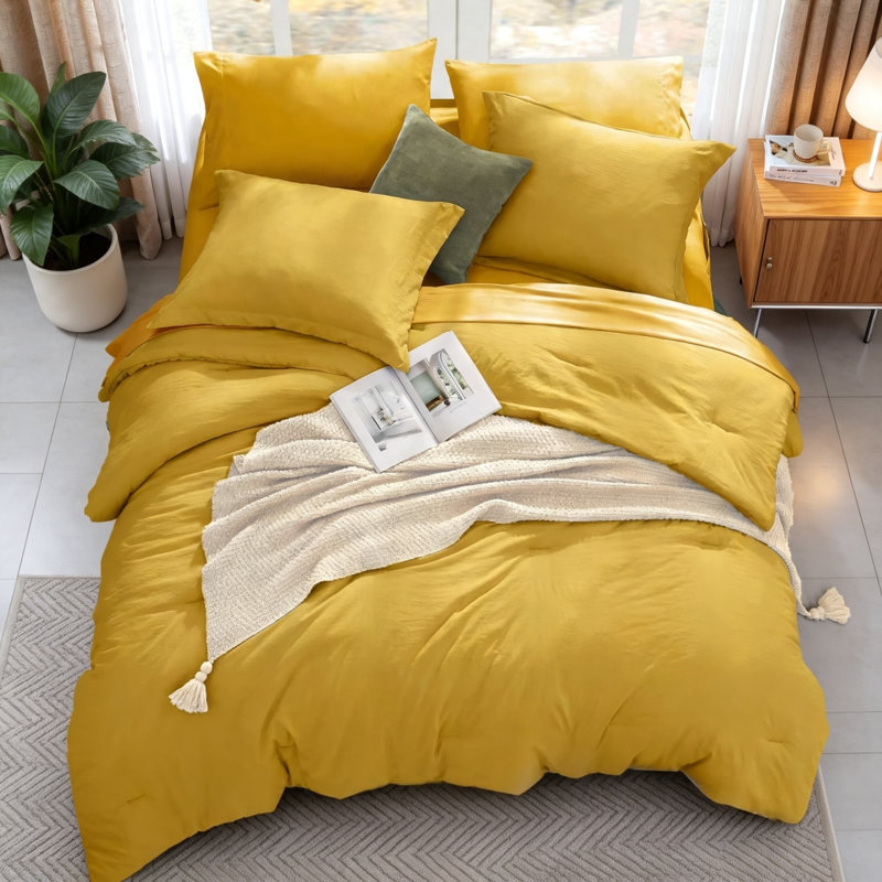 Ensemble de couette prélavée Queen, 7 pièces, Mustard Yellow