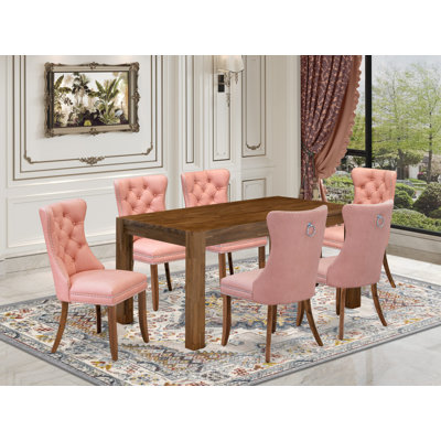 7 Piece Dining Table Set Contains a Rectangle Rustic Wood Kitchen Table and 6 Polyester Fabric Upholstered Chairs, 36x60 Inch, Distressed Jacobean