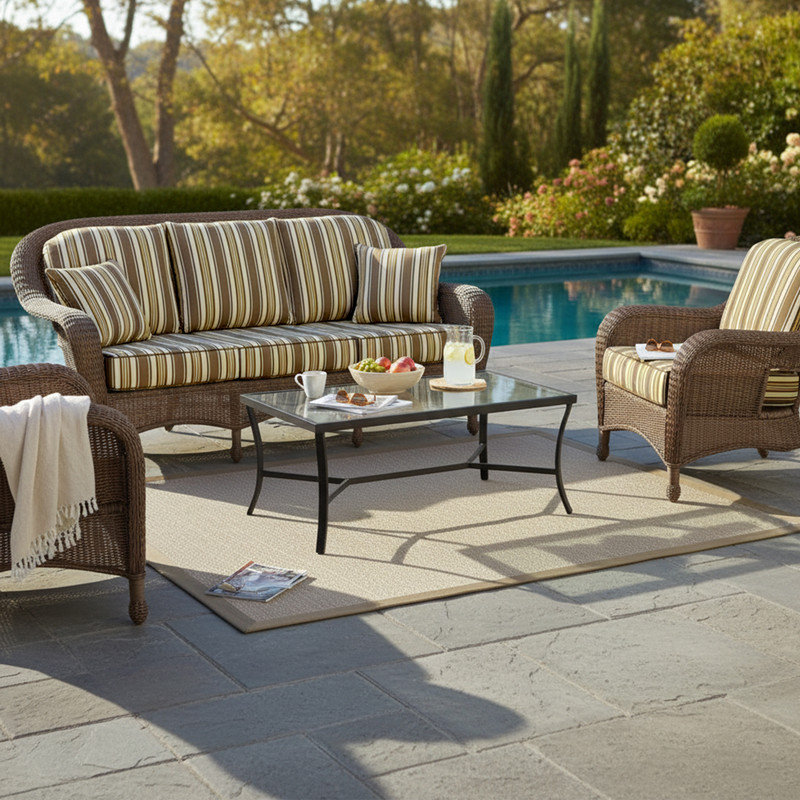 Monterey 3-Seater Sofa, All-weather cappuccino round wicker and  Anthony Praline fabric Seat cushion.  Outdoor furniture or for your garden Patio furniture. (78.5" W x 34" D x 38" H)