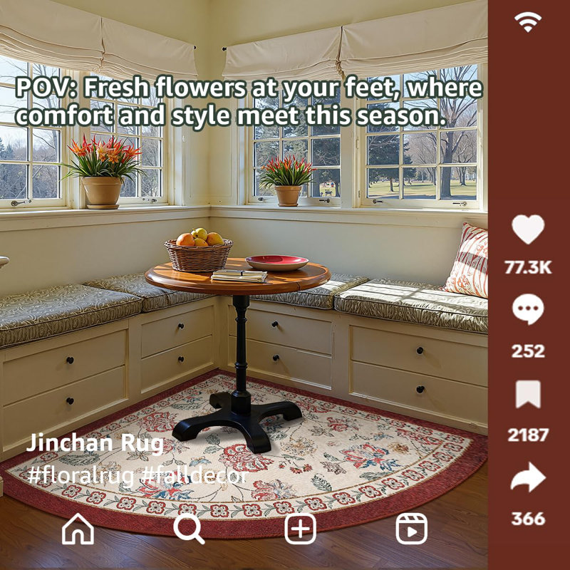 Chinoiserie Floral Rug Vintage Romance Design Washable Non-slip Red/Beige, Slice/Wedge 7', Red/Beige