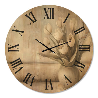 Horloge murale ronde grand format « Tulipes blanches murmurantes » - Style cottage, imprimée sur bois