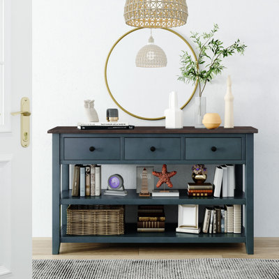 Retro Design Console Table With 3 Drawers And 2 Open Shelves – Pine Solid Wood Frame For Living Room, Entryway